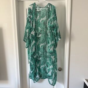 Green Tropical Leaf Sheer Kimono Cover-Up